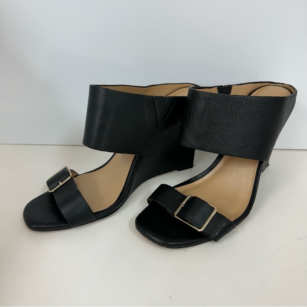 Ann Taylor Black Leather Wide Ankle Strap Buckle OpenToe Boho Heels 8.5M… - Picture 3 of 14